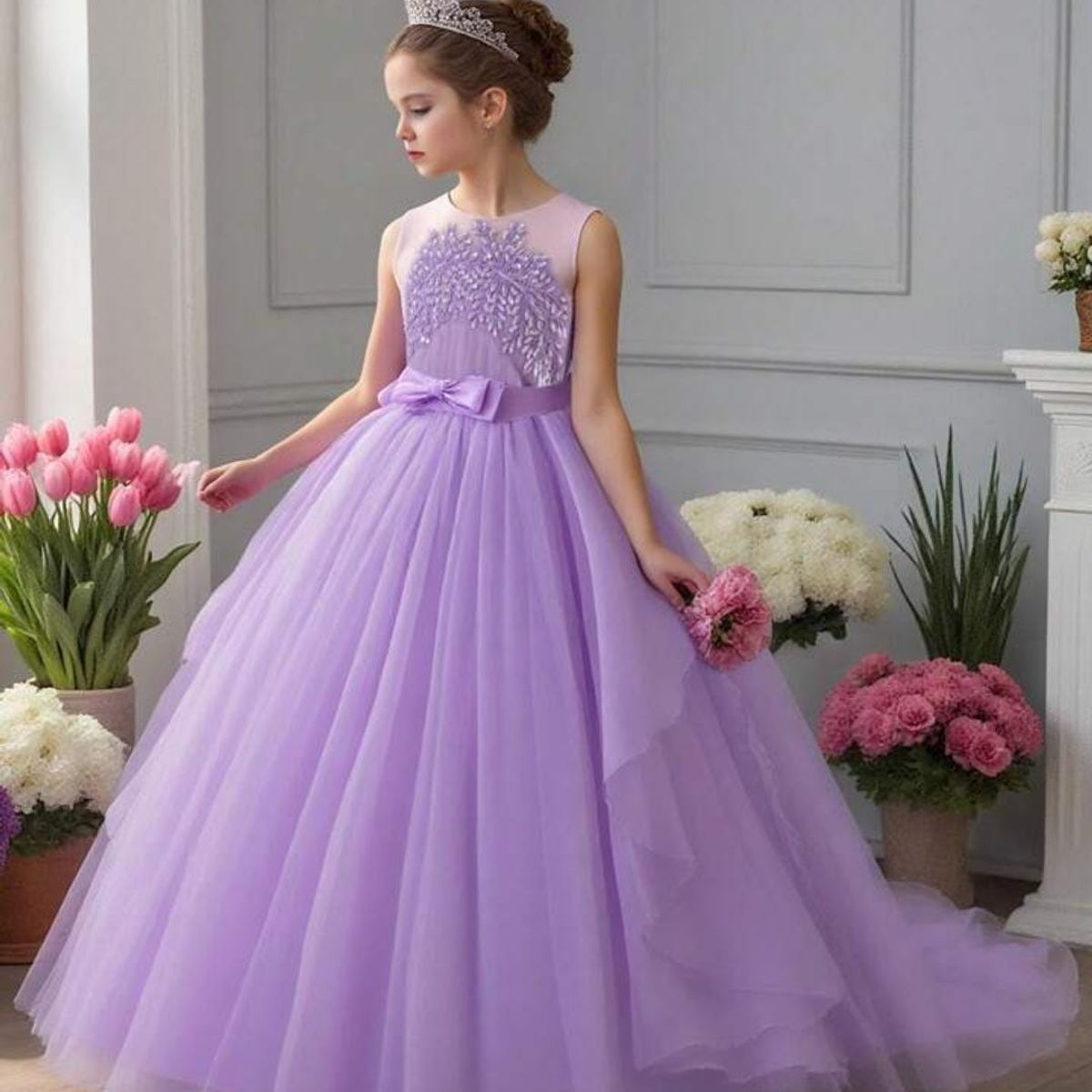 GENERICO - Vestido Niña Princesa Lila Con Cola Talla 8