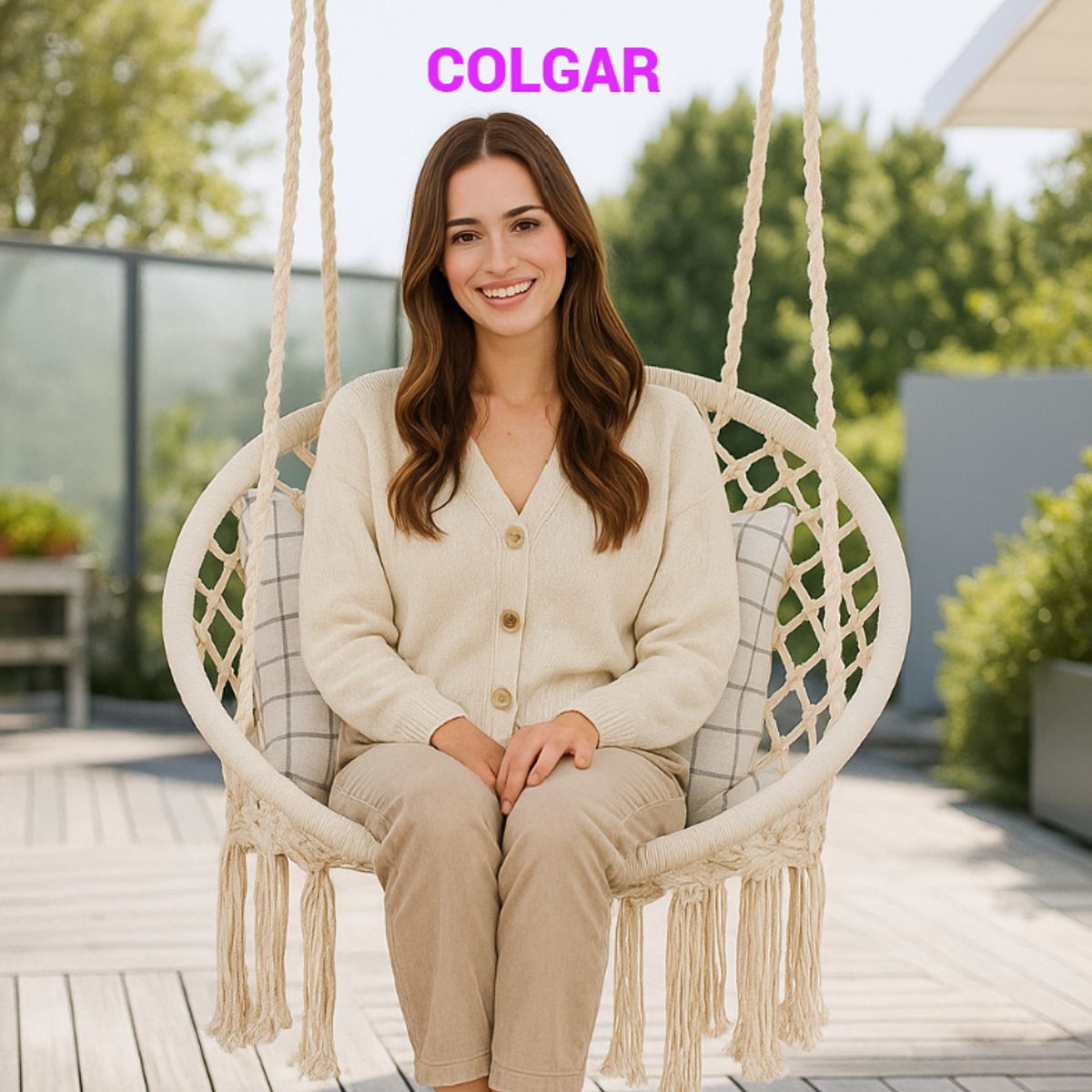 GENERICO - SILLA COLGANTE COLUMPIO HAMACA TEJIDA CON ACCESORIOS PARA COLGAR TERRAZA JARDÍN HOGAR CREMA