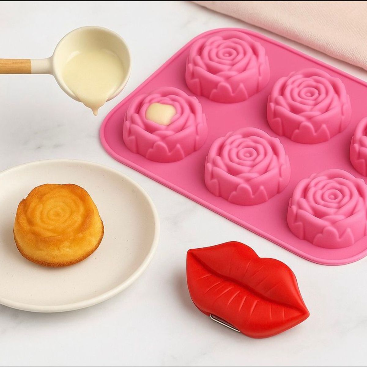 GENERICO - PACK 2 Moldes de Silicona Diseño de Rosas + SET 3 clips Imantados diseño Labios