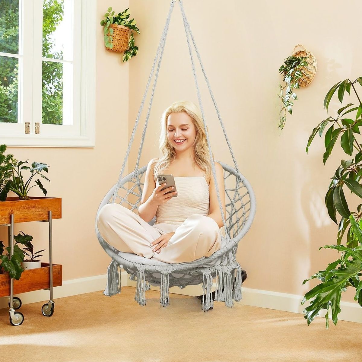 GENERICO - SILLA COLGANTE COLUMPIO HAMACA TEJIDA CON ACCESORIOS PARA COLGAR TERRAZA JARDÍN HOGAR GRIS