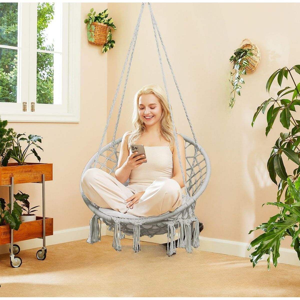 GENERICO - SILLA COLGANTE COLUMPIO HAMACA TEJIDA CON ACCESORIOS PARA COLGAR TERRAZA JARDÍN HOGAR GRIS