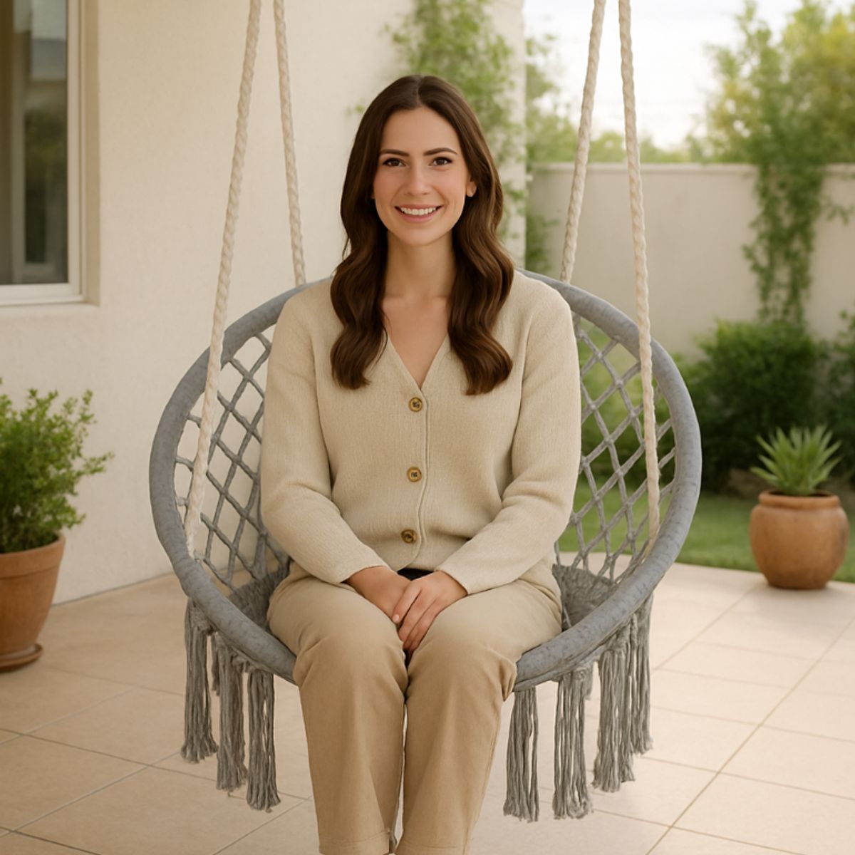 GENERICO - SILLA COLGANTE COLUMPIO HAMACA TEJIDA CON ACCESORIOS PARA COLGAR TERRAZA JARDÍN HOGAR GRIS