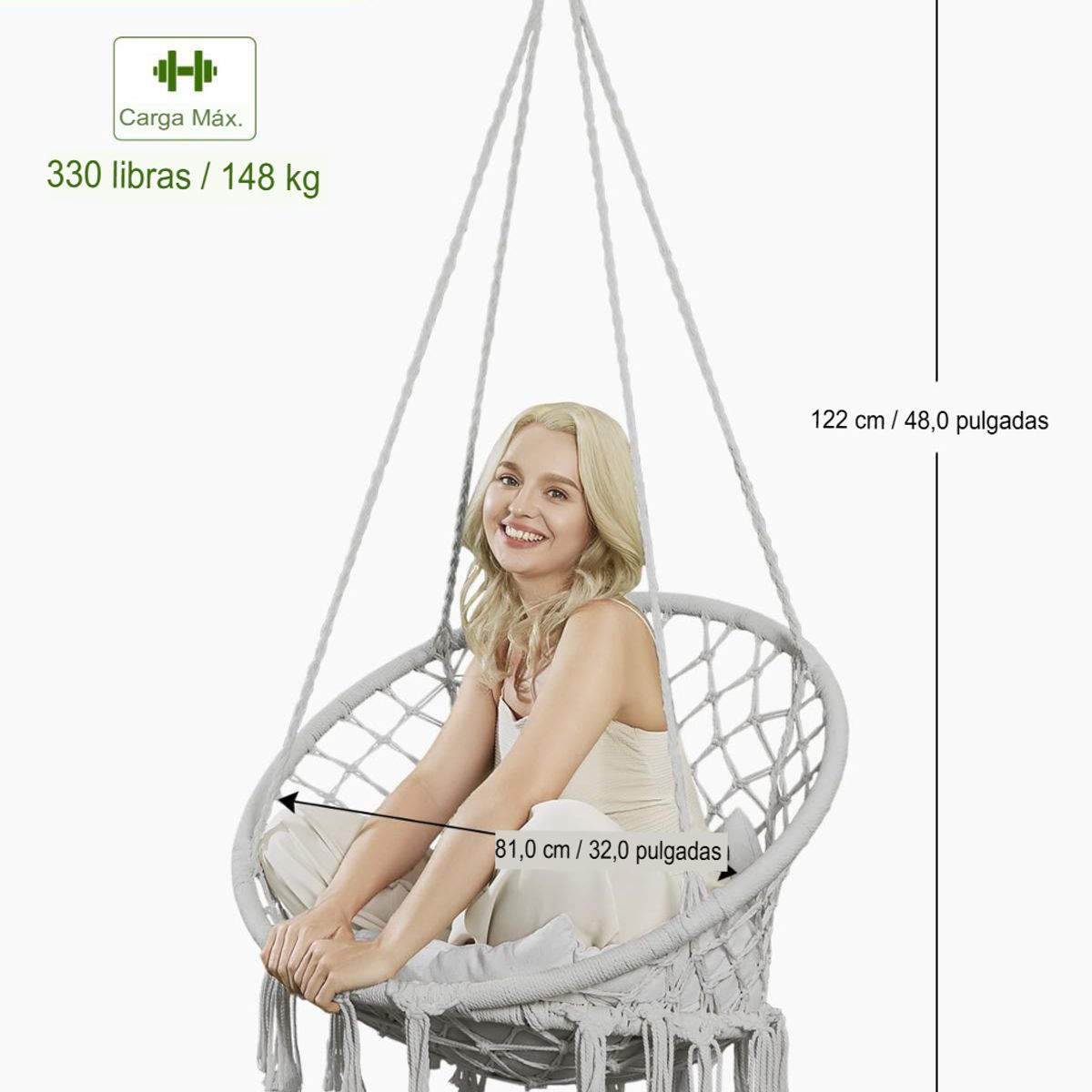 GENERICO - SILLA COLGANTE COLUMPIO HAMACA TEJIDA PARA TERRAZA JARDÍN HOGAR INTERIOR O EXTERIOR GRIS