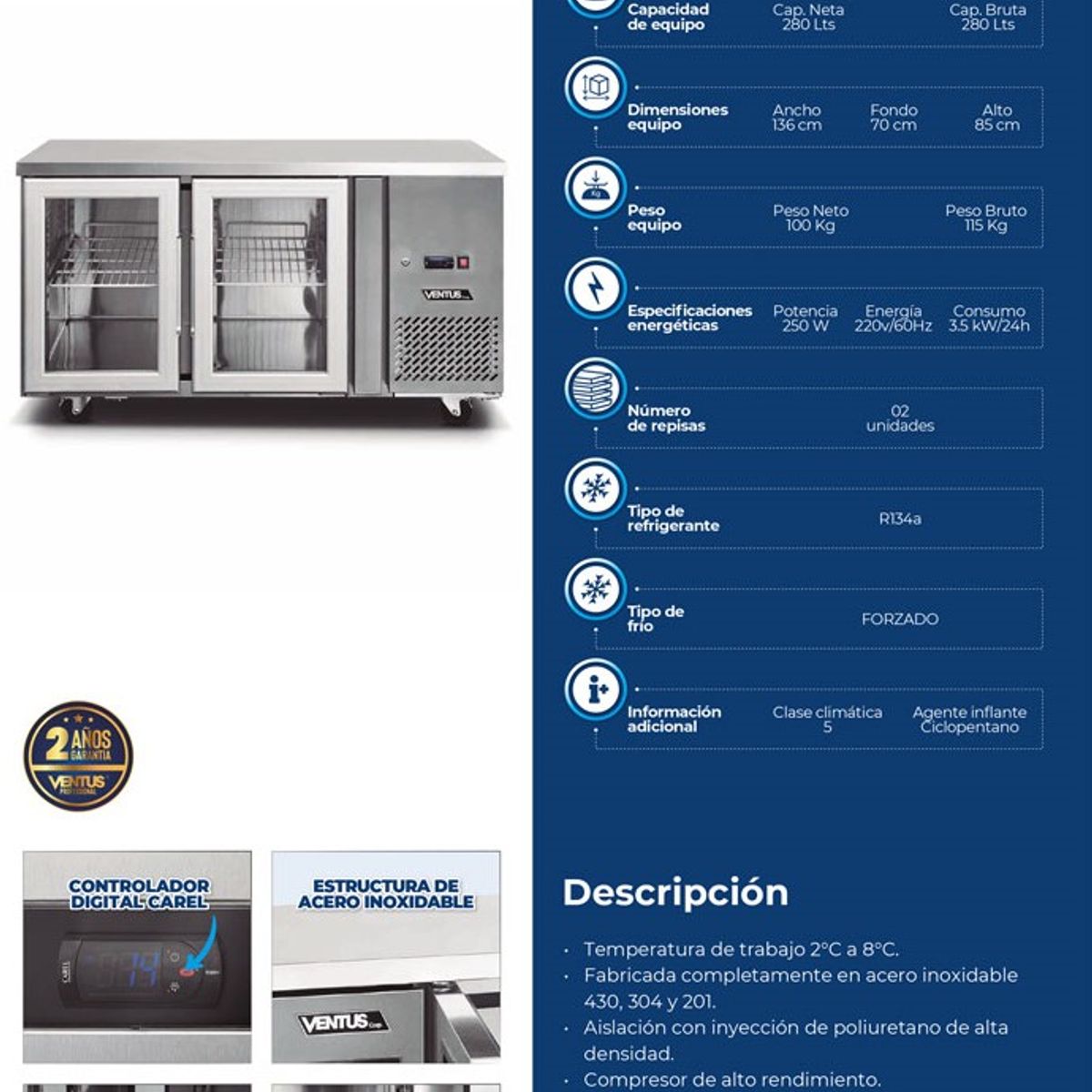 VENTUS - Mesa Refrigerada Acerada con 2 puertas de Vidrio de 300 Litros, VMR2PS-280V – Ventus