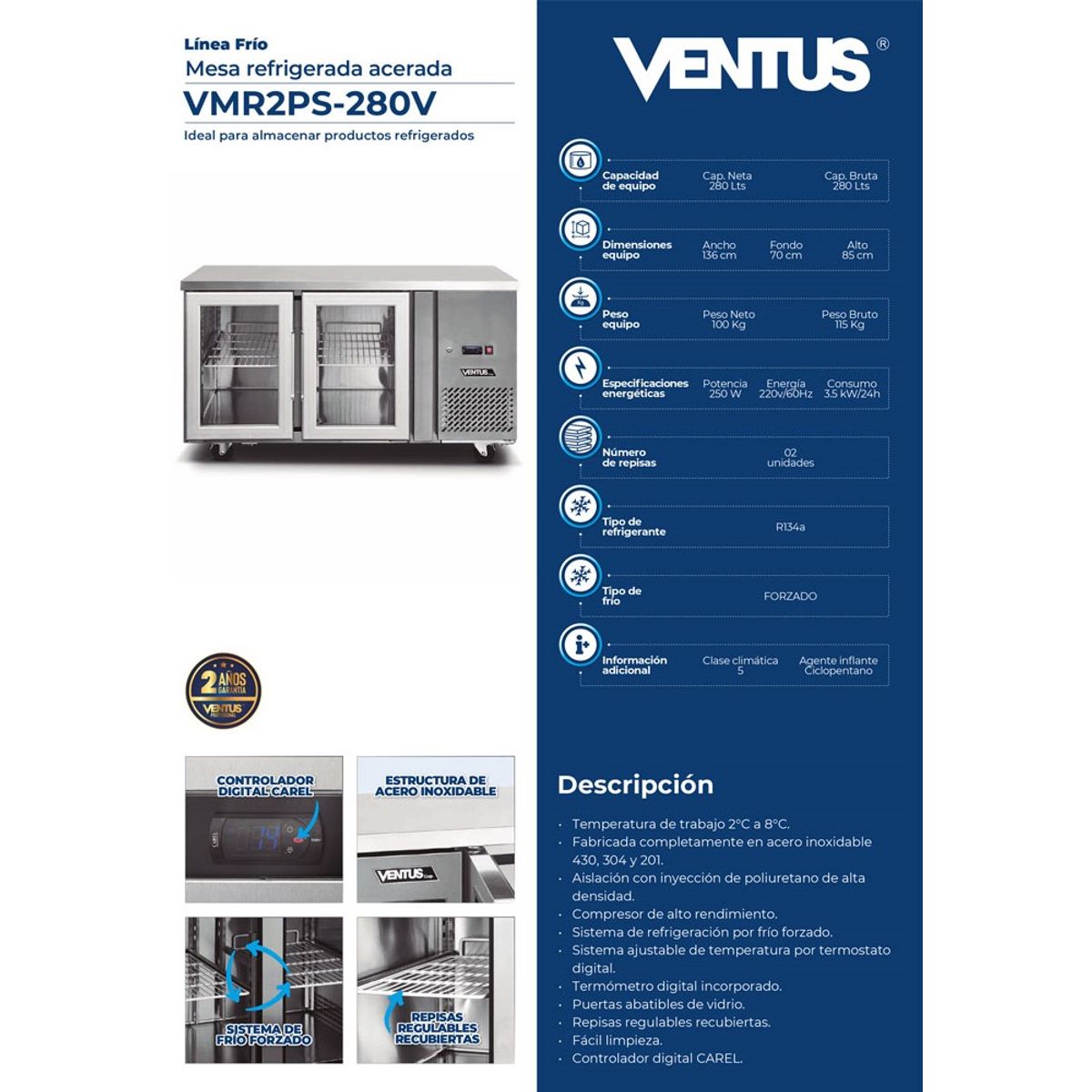 VENTUS - Mesa Refrigerada Acerada con 2 puertas de Vidrio de 300 Litros, VMR2PS-280V – Ventus