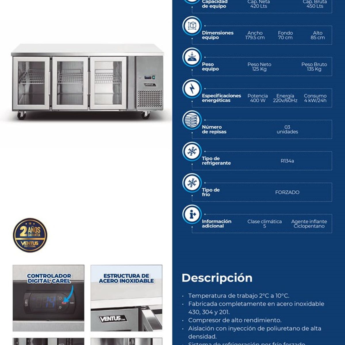 VENTUS - Mesa Refrigerada Acerada con 3 puertas de Vidrio, VMR3PS-420V - Ventus