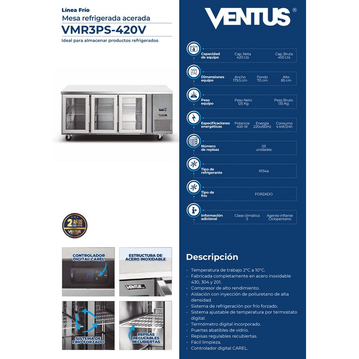 VENTUS - Mesa Refrigerada Acerada con 3 puertas de Vidrio, VMR3PS-420V - Ventus