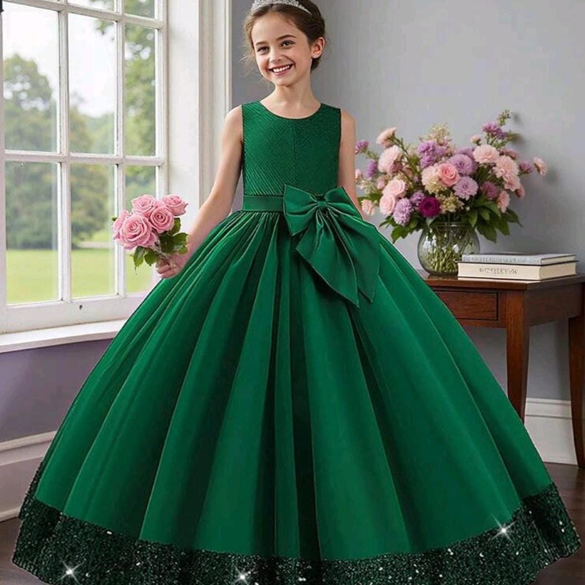 GENERICO - Vestido Niña Princesa Brillantes Verde Talla 10