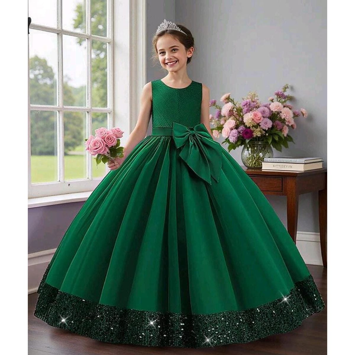 GENERICO - Vestido Niña Princesa Brillantes Verde Talla 10