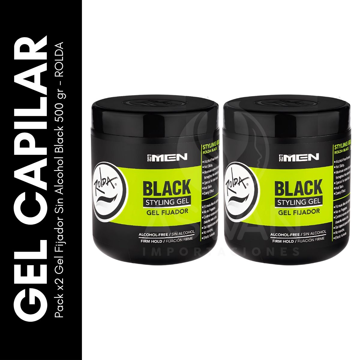 GENERICO - Pack x2 Gel Fijador Sin Alcohol Black 500 gr - ROLDA