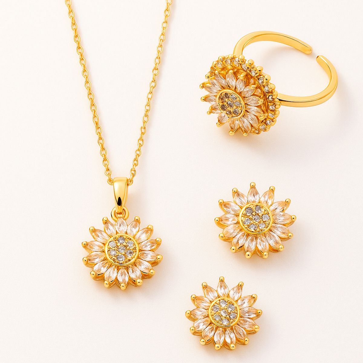 GENERICO - Set Collar + Anillo + Aretes Ajustable Girasol giratorio Mujer