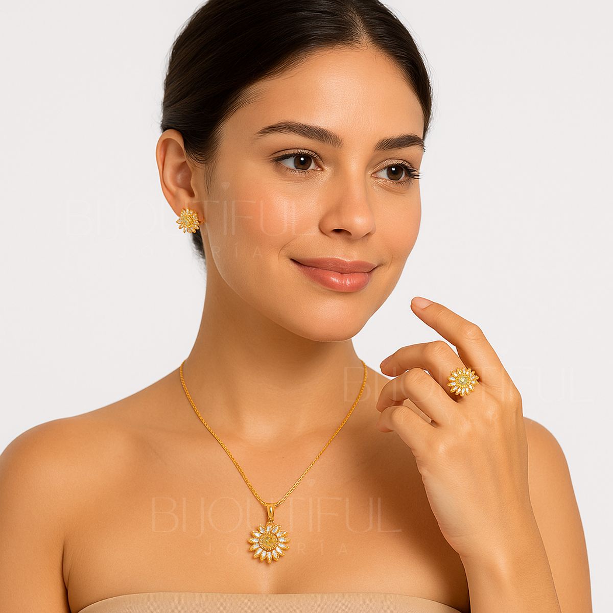 GENERICO - Set Collar + Anillo + Aretes Ajustable Girasol giratorio Mujer