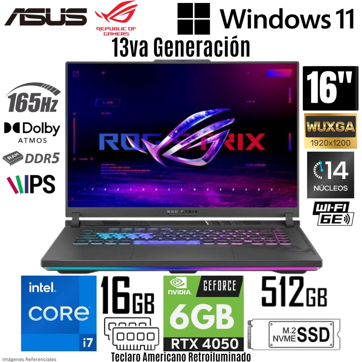ASUS - Laptop Asus Rog Strix G614JU-NS73 Intel Core i7-13650HX 16GB RAM 512GB SSD RTX 4050-6GB 16"  WUXGA