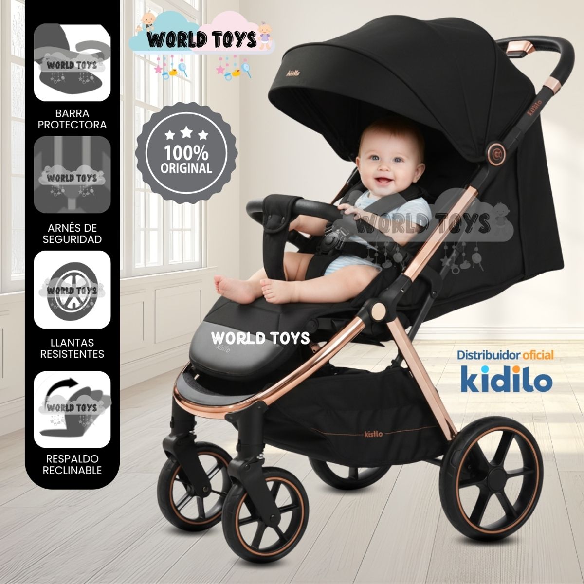 BABY - Coche Maleta de Lujo «KINDY GOLD» Kidilo Black