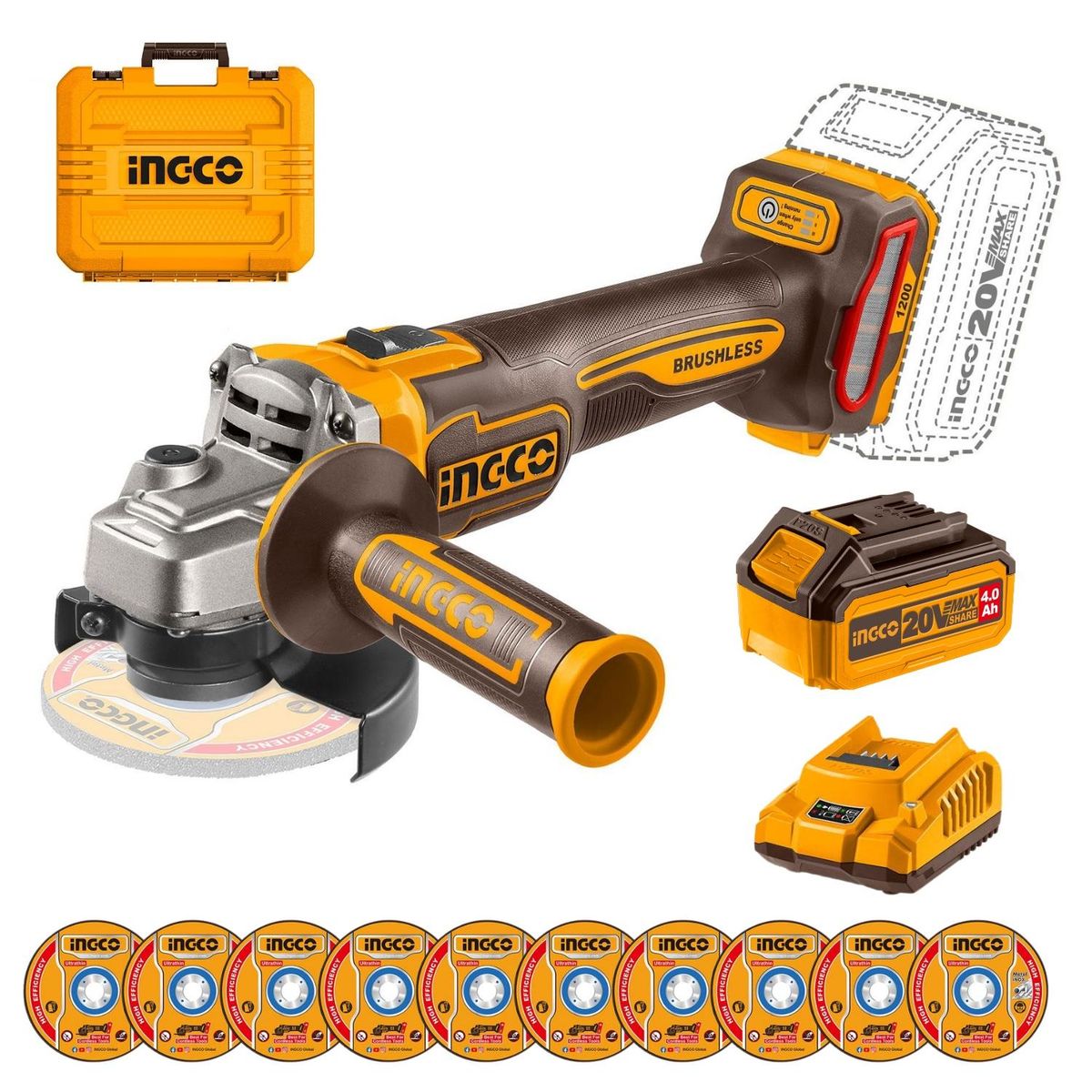 INGCO TOOLS - Amoladora 4½" 1000w + 1 batería 4ah y cargador 20v Ingco