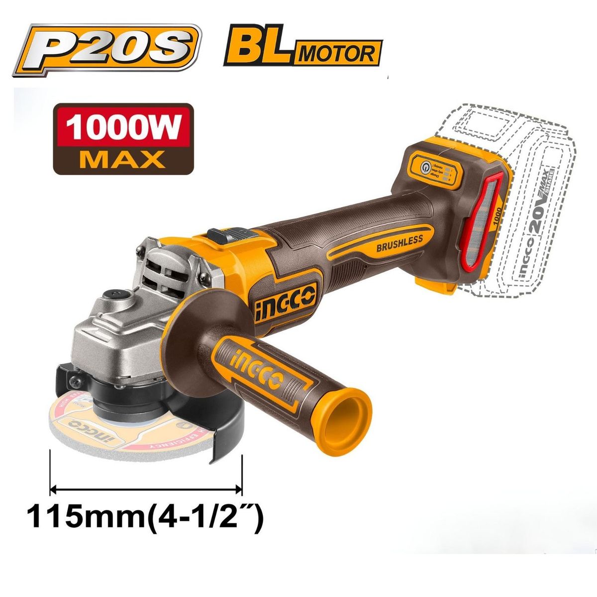 INGCO TOOLS - Amoladora 4½" 1000w + 1 batería 4ah y cargador 20v Ingco
