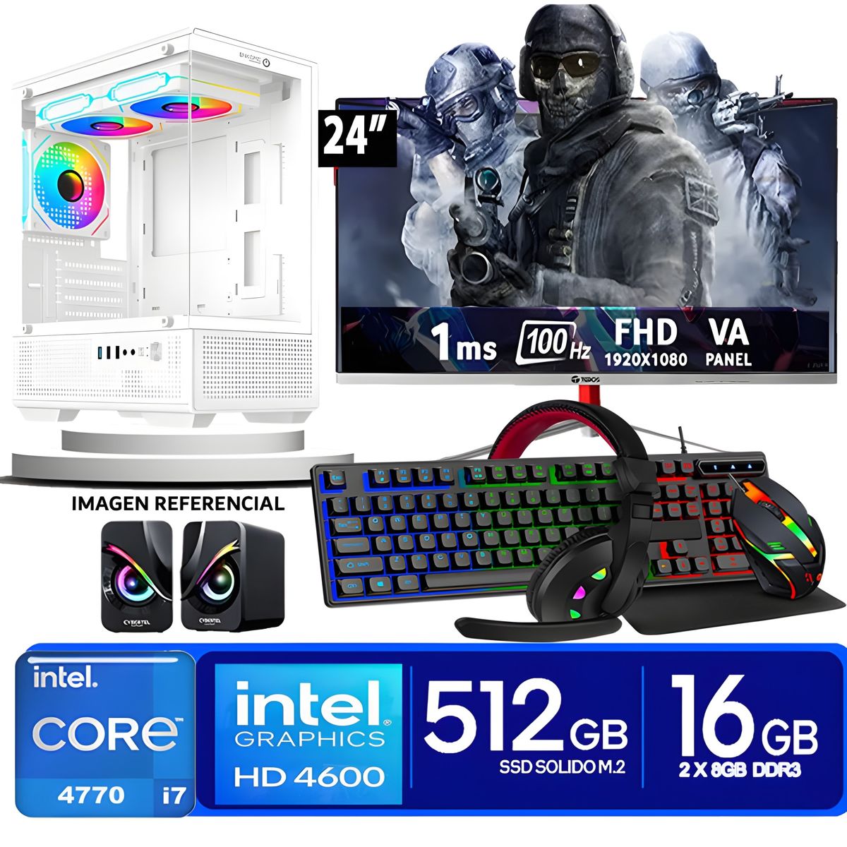 INTEL - Computadora Pc Intel Core i7 4770  Monitor 24 fhd' RAM 16 GB SSD 500 GB PARLANTES