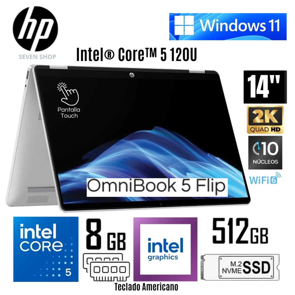 HP - LAPTOP HP OMNIBOOK 5 FLIP 14-FP0013DX/ INTEL CORE 5-120U/8 GB RAM /512 GB SSD/14"