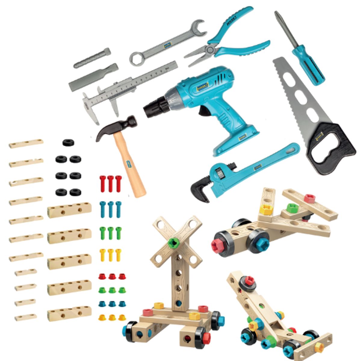 GENERICO - Juguete Set Bloques de Madera de Construccion con Herramientas 72 pzs