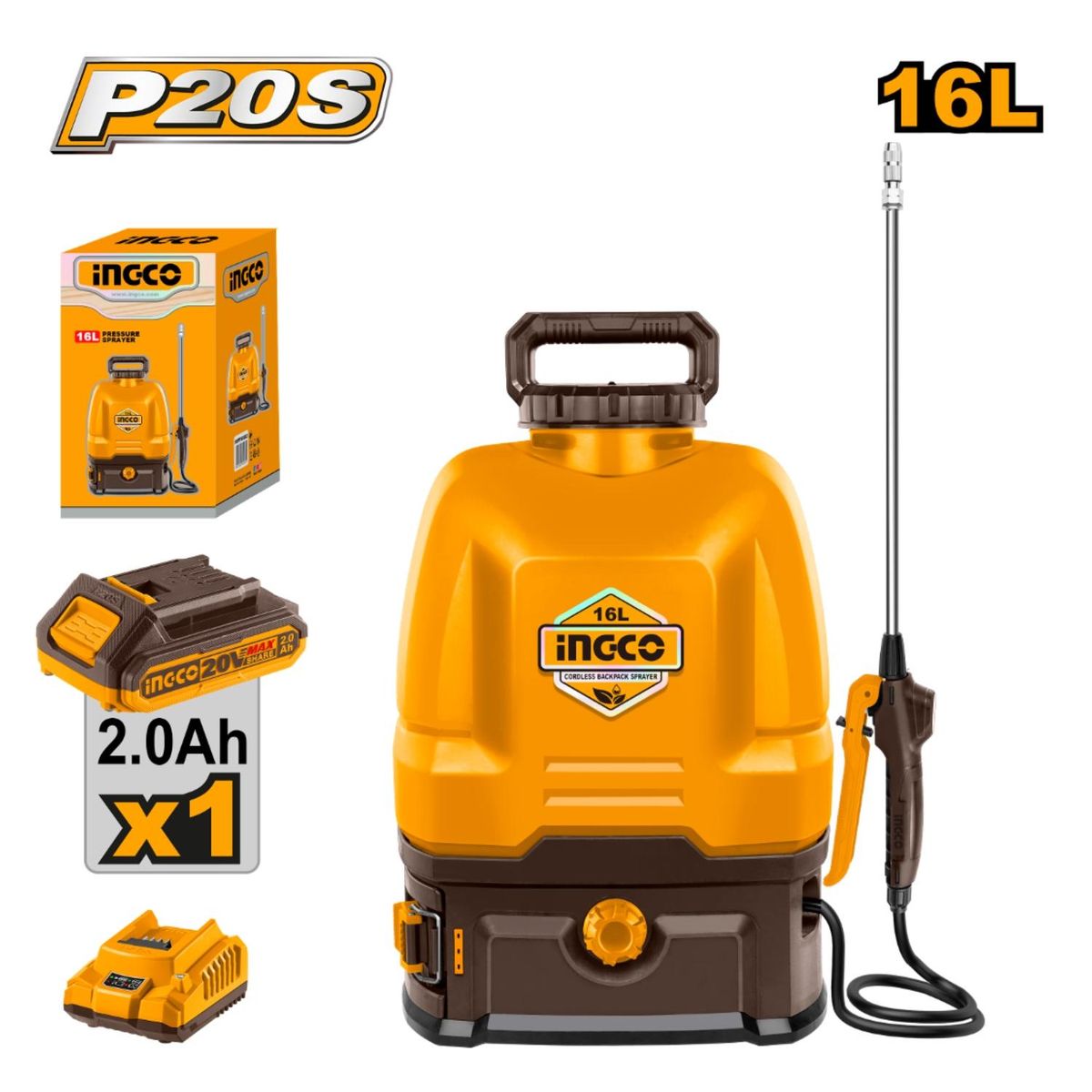 INGCO TOOLS - Mochila Fumigadora 16L + Bateria 2AH y Cargador 20v Ingco