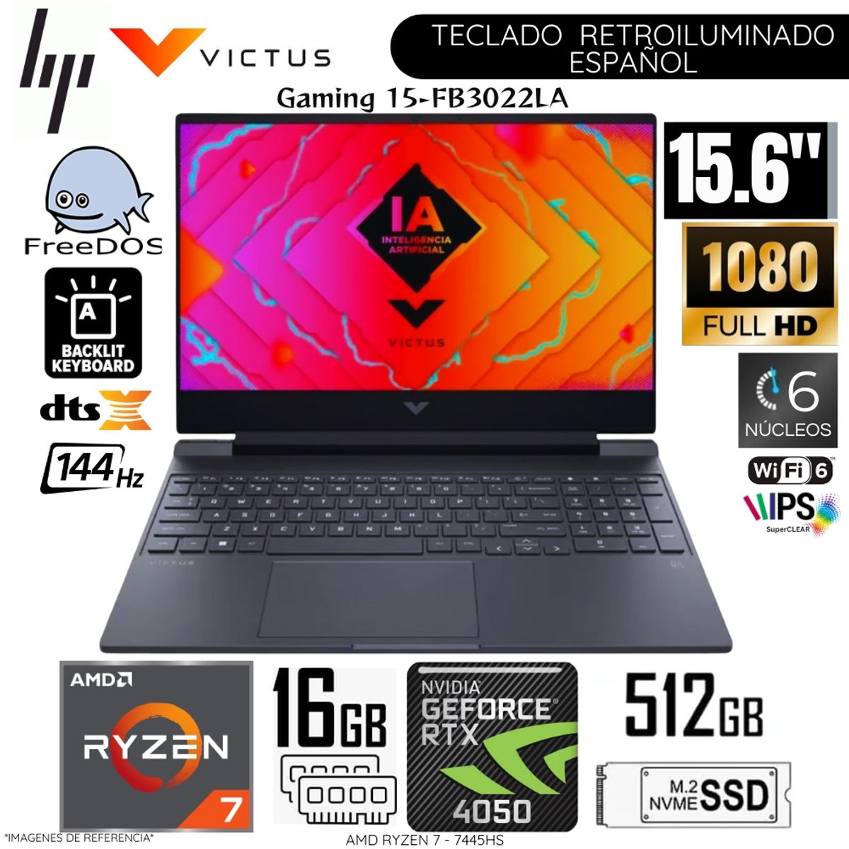 HP - Laptop HP Victus 15-FB3022LA AMD Ryzen 7 7445HS 16GB RAM  512GB SSD RTX 4050-6GB 15.6"  FHD 144Hz