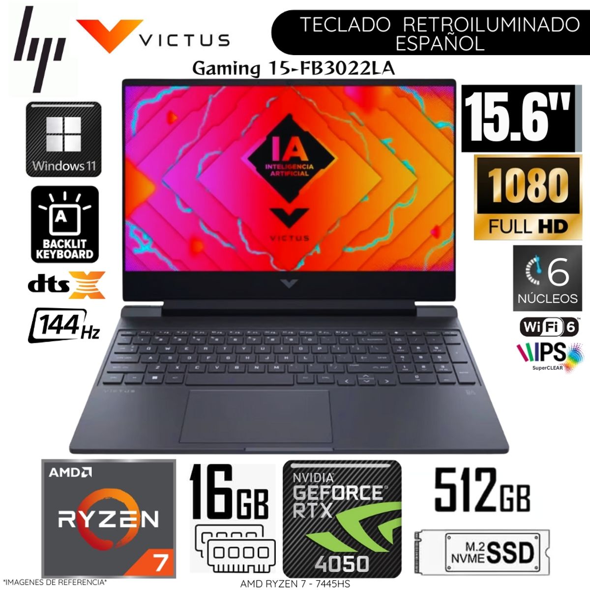 HP - Laptop HP Victus 15-FB3022LA AMD Ryzen 7 7445HS 16GB RAM  512GB SSD RTX 4050-6GB 15.6"  FHD 144Hz