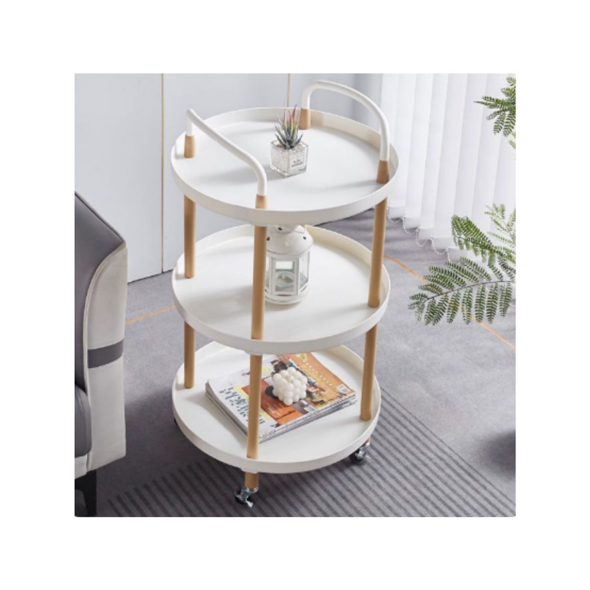 PET MOOD - Carrito Auxiliar De 3 Niveles Con Ruedas Blanco y Madera