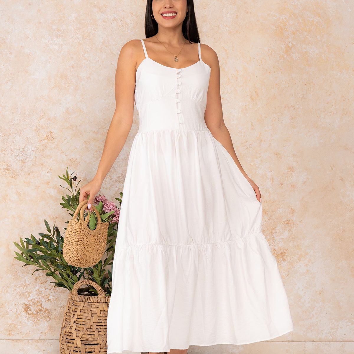 ARMA TU LOOK - VESTIDO VERSALLES CON BOTONES FORRADOS Y TIRAS REGULABLES