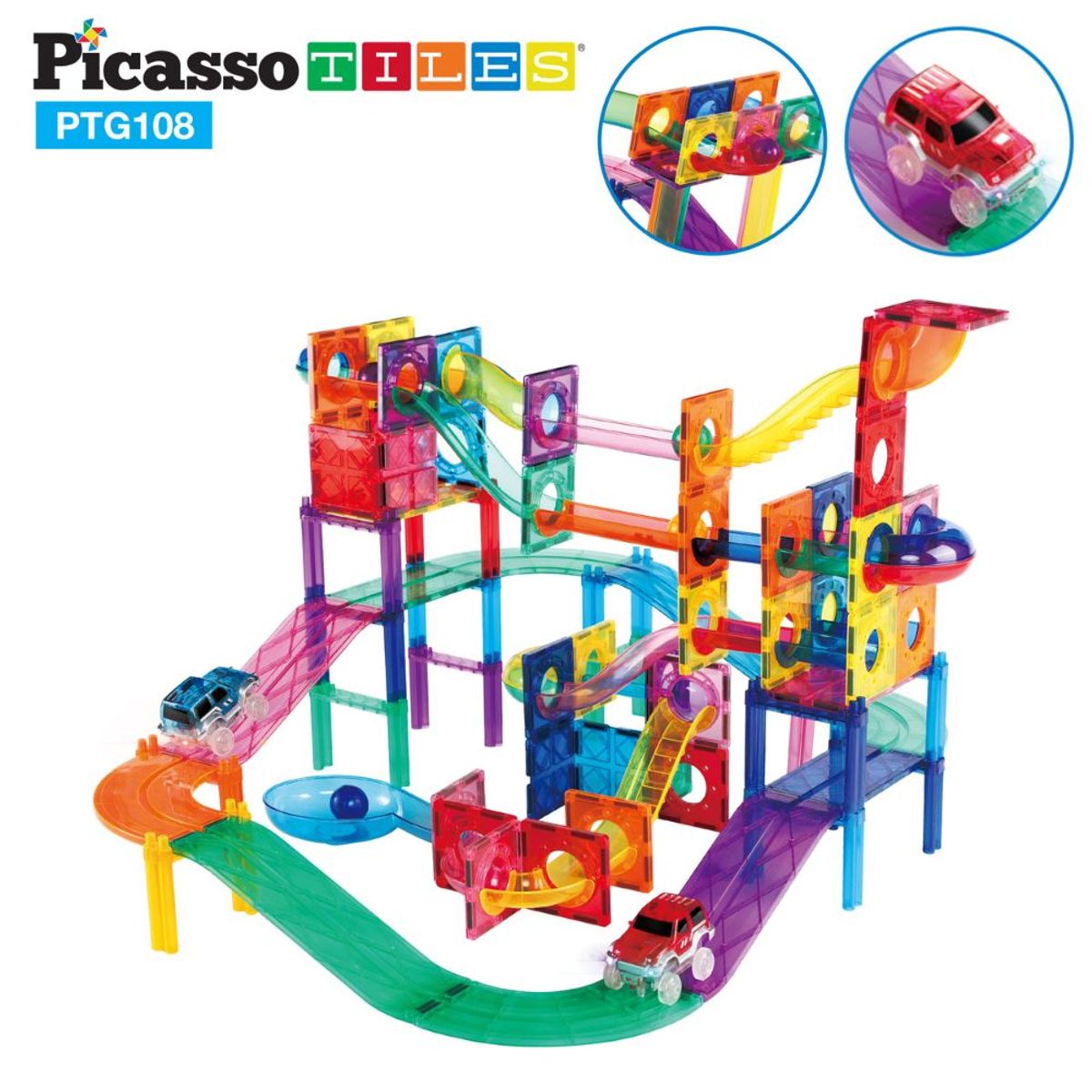PICASSO TILES - Bloques Magnéticos 3 en 1 con Pista de Canicas y Autos de 108 piezas