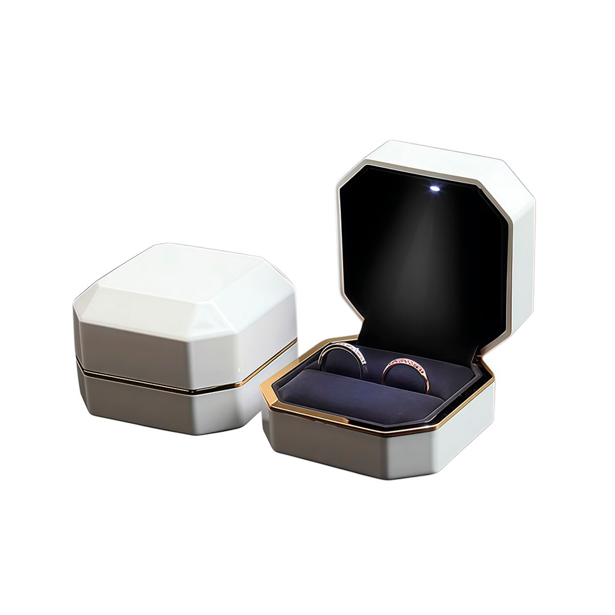 S&T - Estuche de Lujo para Anillos con Luz LED Blanco Octagonal