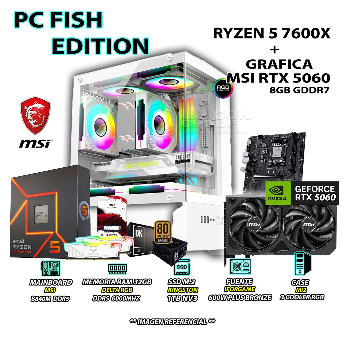 AMD - Computadora PC Gamer RYZEN 5 7600X RAM DDR5 32GB SSD 1TB RTX 5060 8GB