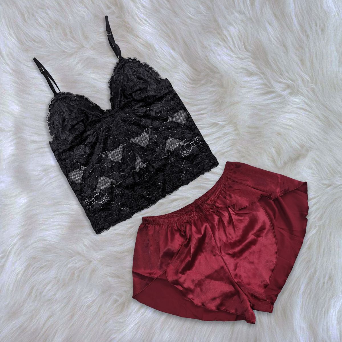 GENERICO - Conjunto Pijama Short Satin y Bralette Encaje