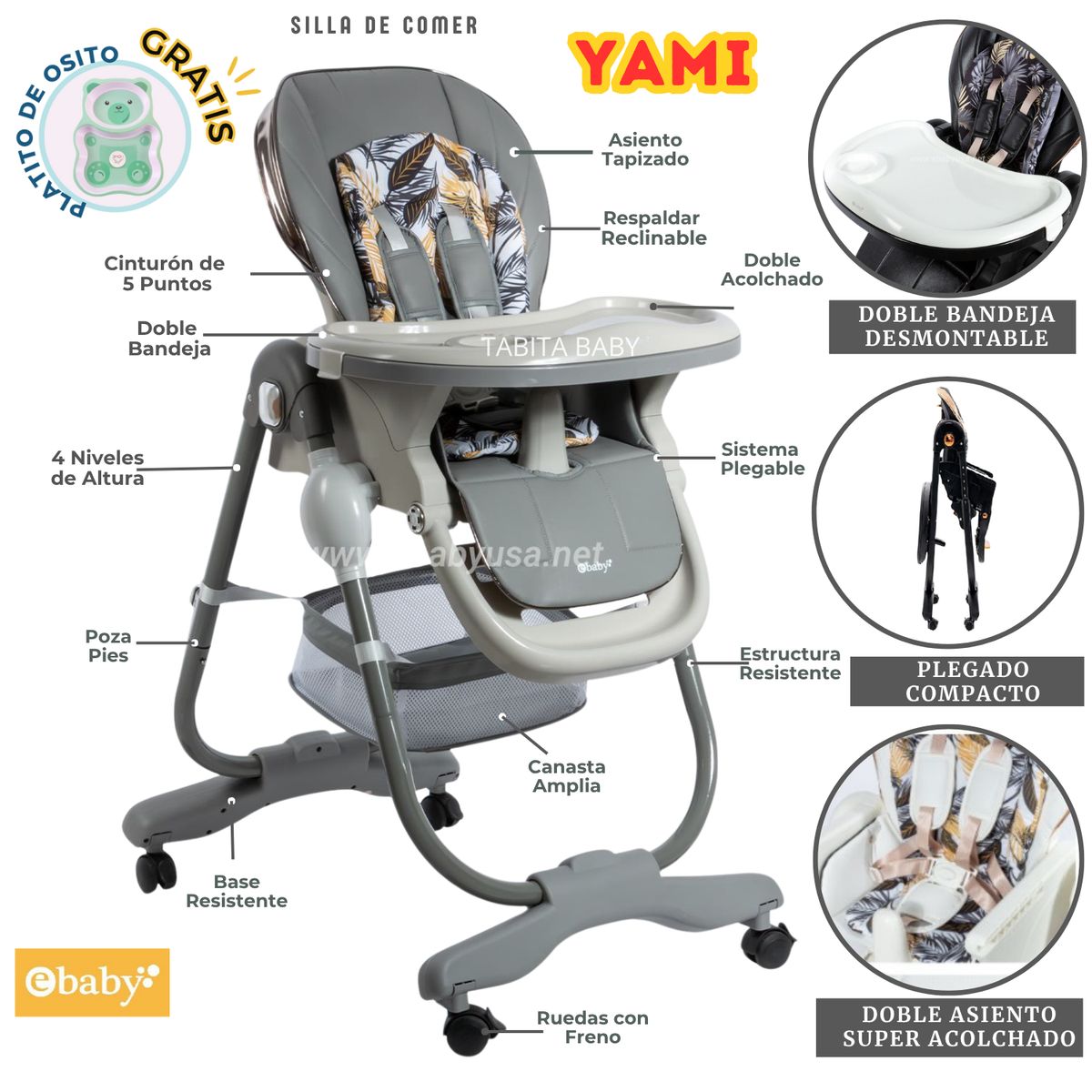 EBABY - Silla de comer para bebe Plegable YAMI Gris