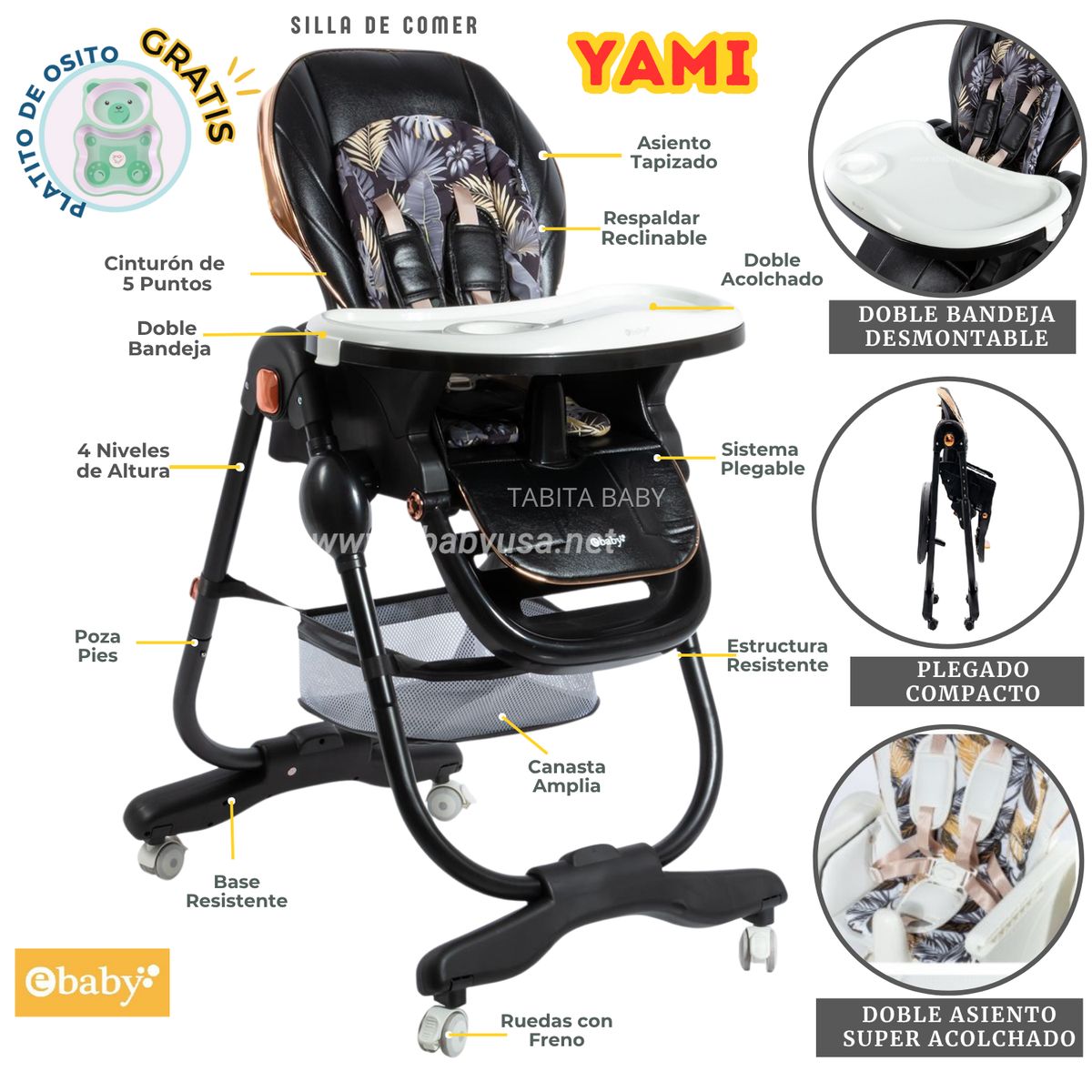 EBABY - Silla de comer para bebe Plegable YAMI Negro