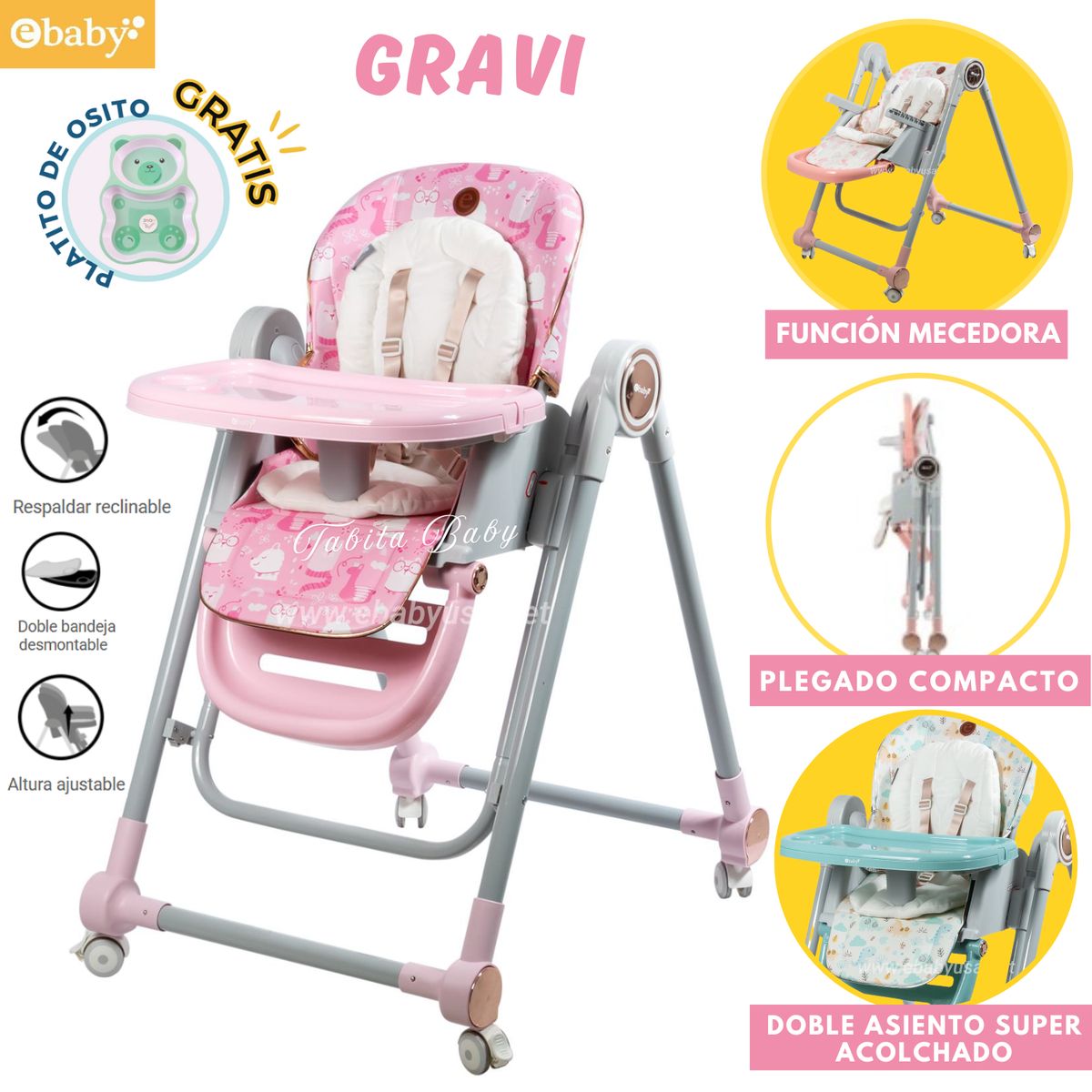 EBABY - Silla de comer Plegable con mecedora GRAVY fucsia