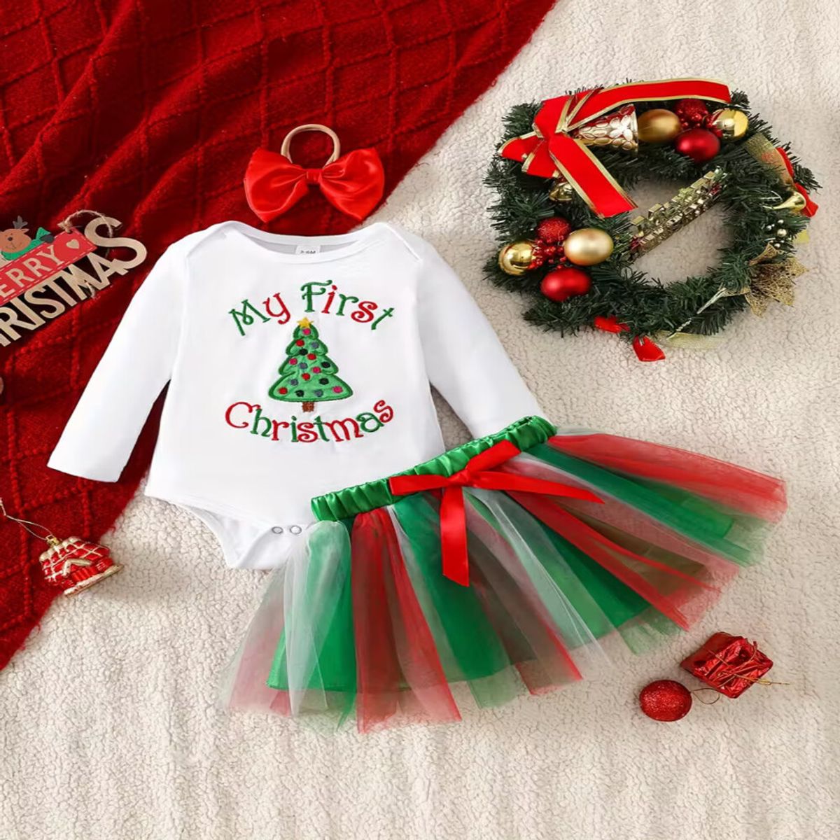 GENERICO - VESTIDO DE BEBÉ NAVIDAD - SET DE 3 PIEZAS