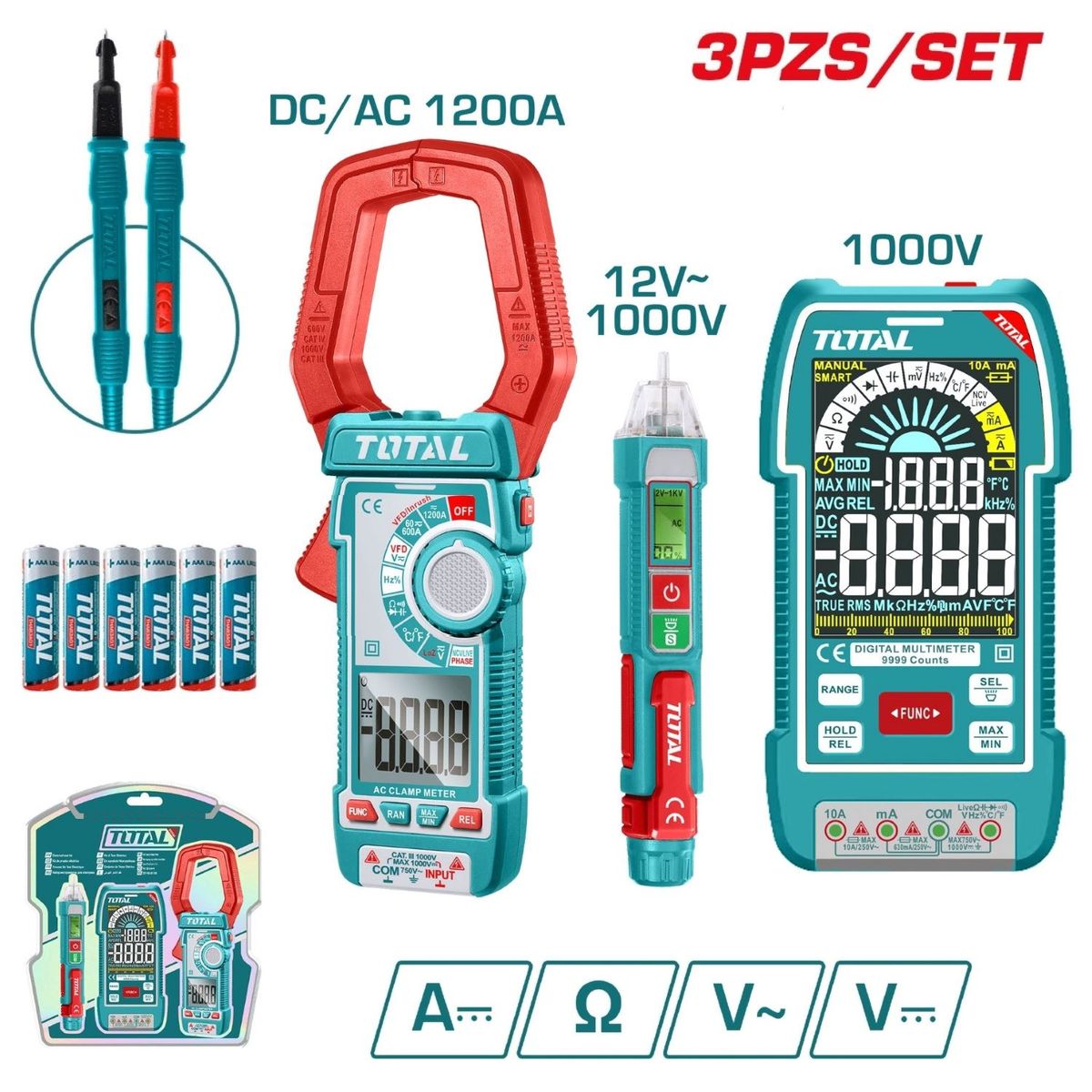 TOTAL TOOLS - Multímetro + Pinza Amperimétrica + Detector De Voltaje - TOS24069