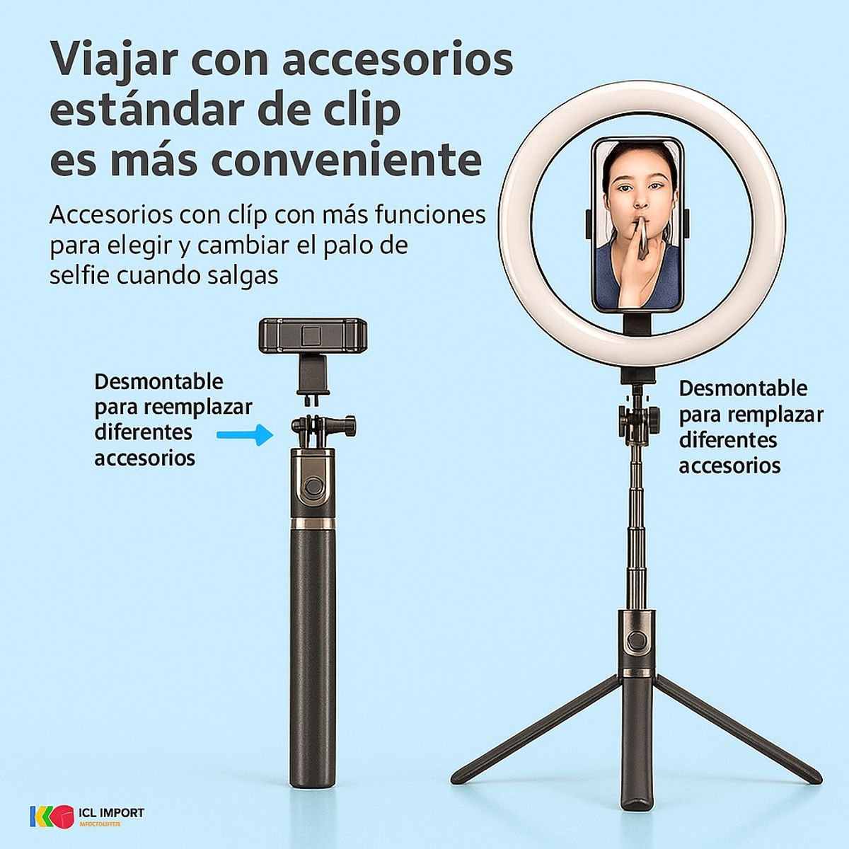 OEM - ARO DE LUZ RGB RECARGABLE DE 10 PULGADAS EN TRIPODE TELESCOPICO DE ALUMINIO DE 190cm