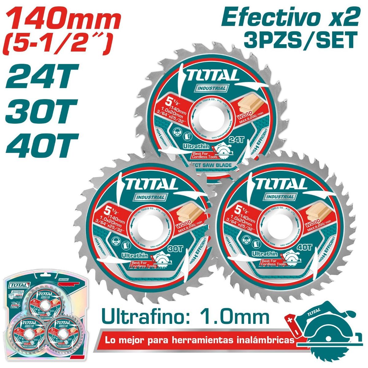 TOTAL TOOLS - Set Discos Dentados 140mm 3pcs 24t30t40t Ultra Delgado 1MM Total - TAC236140