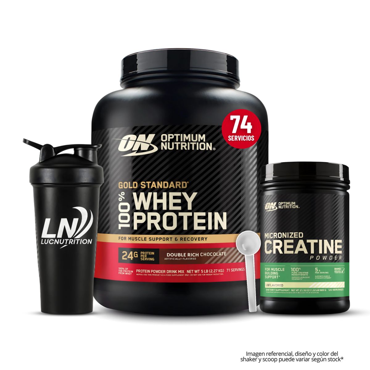 OPTIMUN NUTRITION - Gold Standard Whey 5 LB - Double Rich Chocolate + Creatina Optimum Nutrition 600 g + Shaker + Scoop