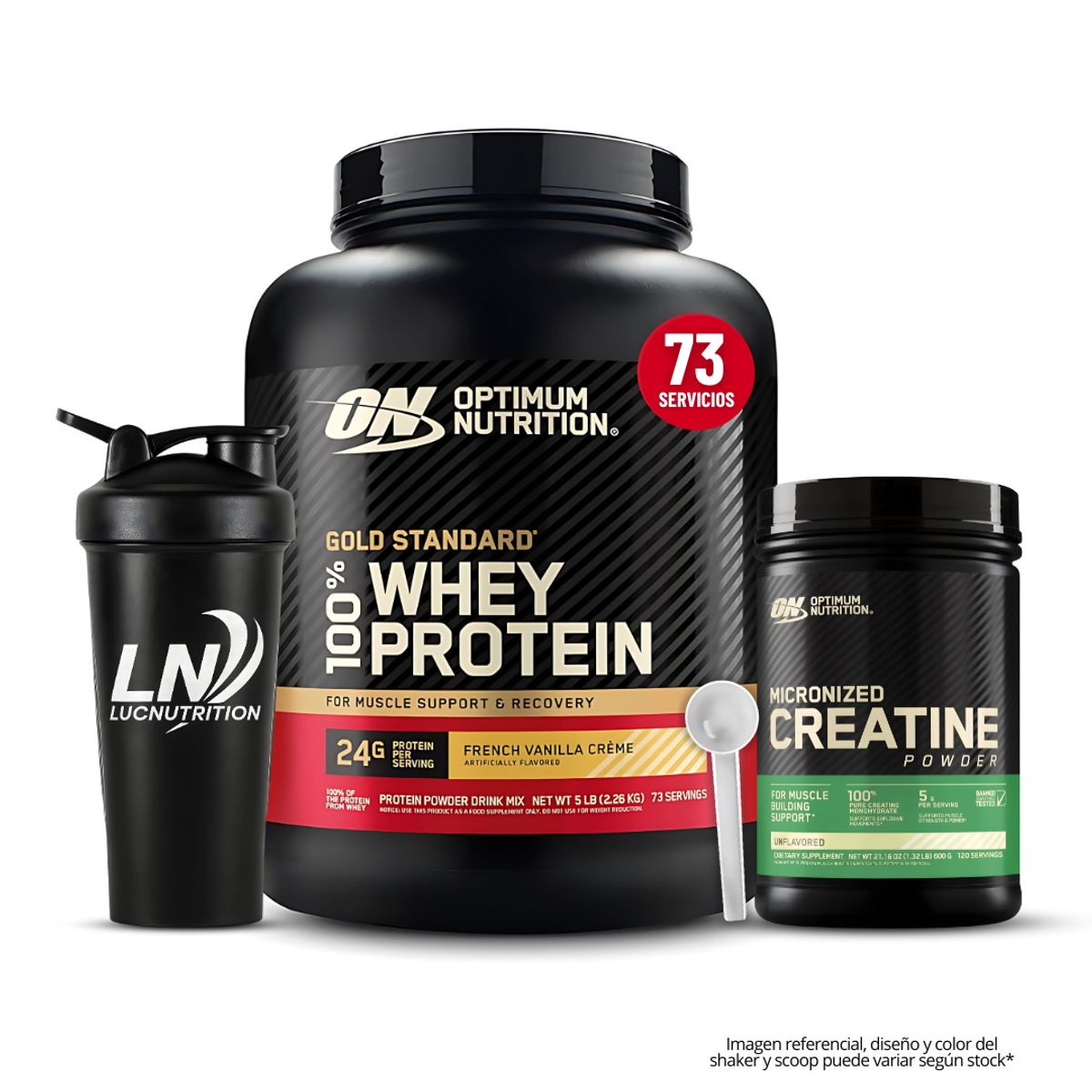Optimum Nutrition - Gold Standard Whey 5 LB - Vainilla Ice Cream + Creatina Optimum Nutrition 600 g + Shaker + Scoop