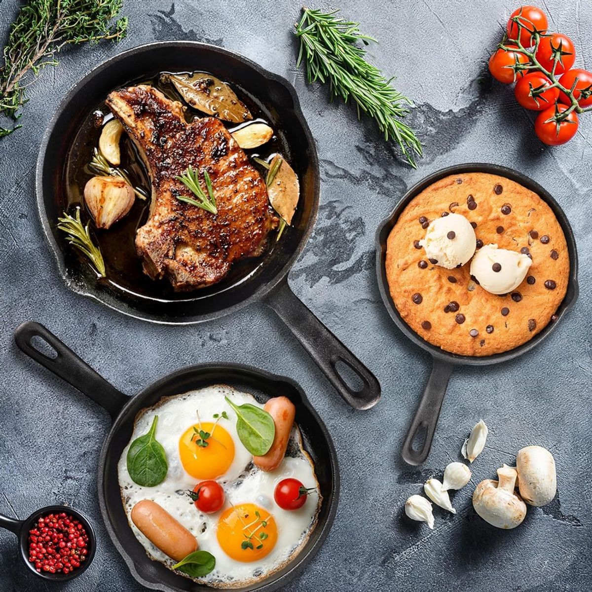 U BUY - Set de 3 Sartenes de Hierro Fundido Curado Antiadherente