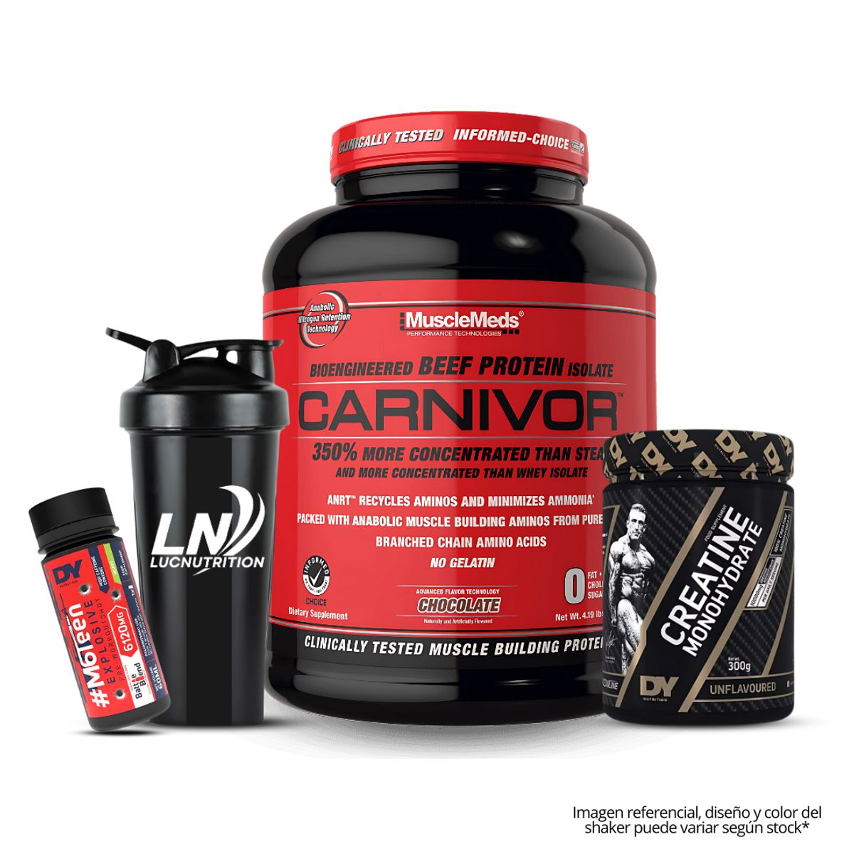 MUSCLEMEDS - Carnivor 4.19 Lb Beef Protein Chocolate + Creatina Dorian Yates 300 G + Shaker + 1 Und M6teen