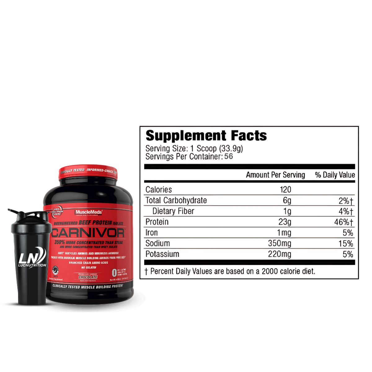 MUSCLEMEDS - Carnivor 4.19 Lb Beef Protein Chocolate + Creatina Dorian Yates 300 G + Shaker + 1 Und M6teen