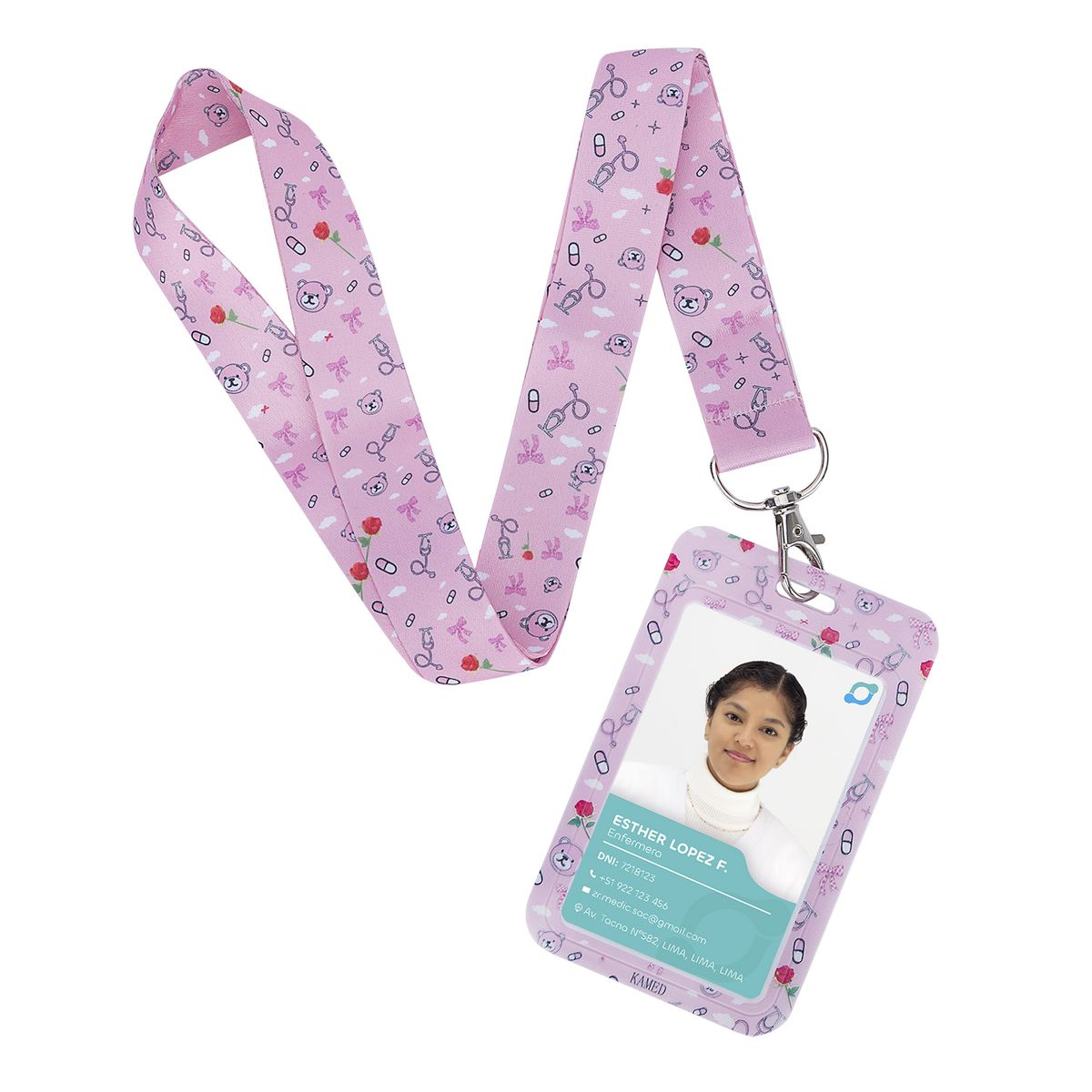 GENERICO - Porta Fotocheck de PVC y Lanyard KAMED Diseño Médico Rosado