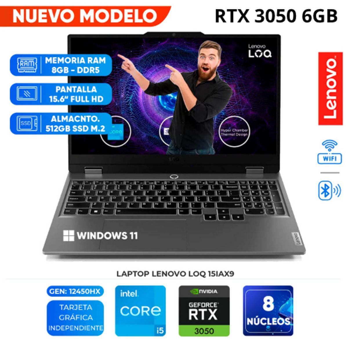 LENOVO - Notebook Lenovo LOQ 15.6" FHD IPS Intel Core i5-12450HX hasta 4.4GHz 8GB DDR5 512GB SSD RTX 3050 6GB