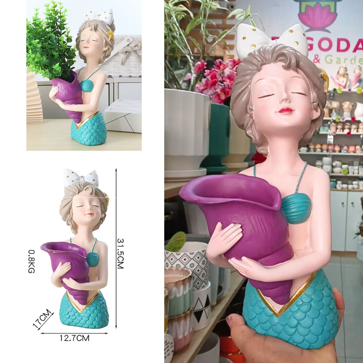 GENERICO - Maceta Decorativa Sirena con Caracola Fucsia de Resina