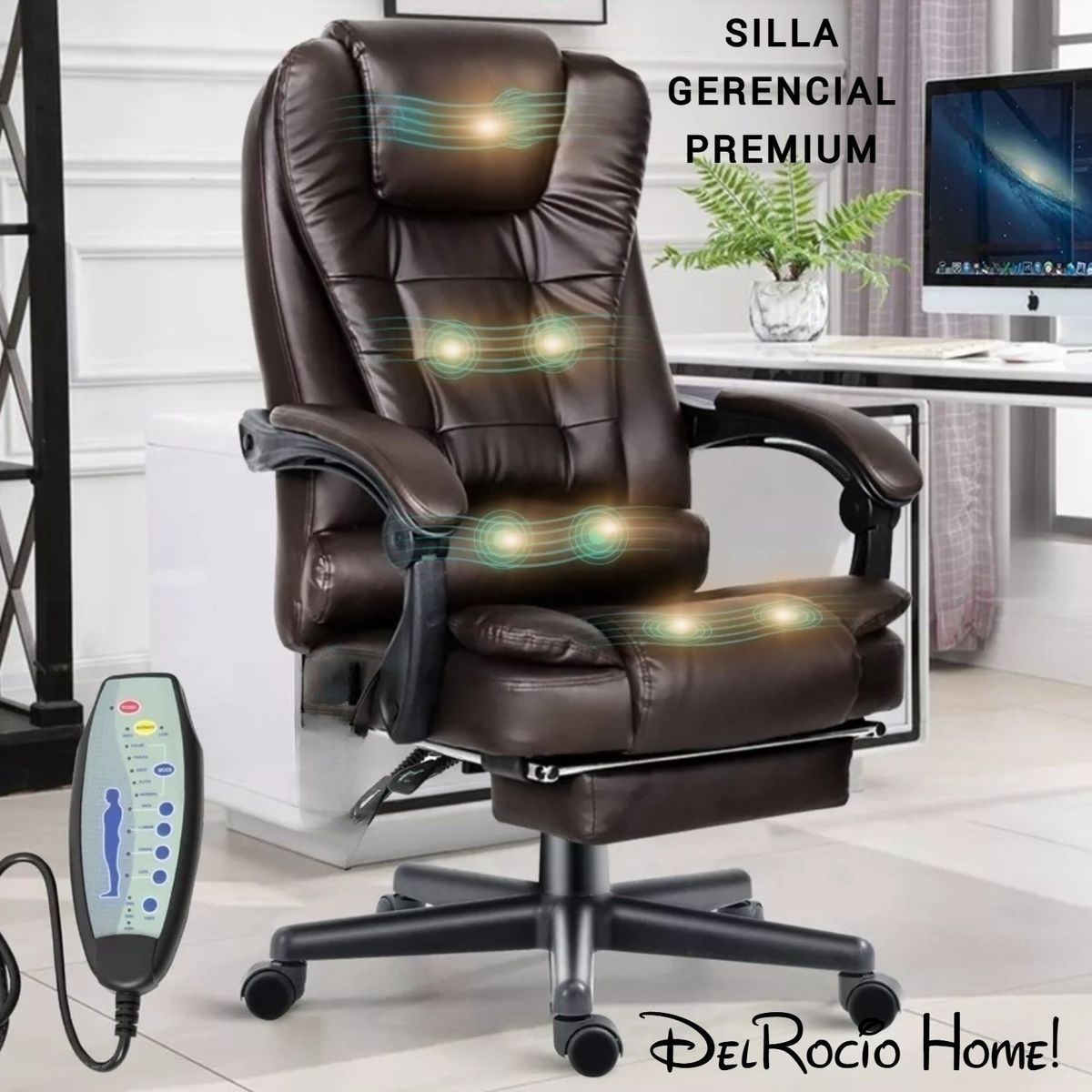 GENERICO - SILLA DE ESCRITORIO 7 MASAJEADOR GIRATORIO OFICINA GERENCIAL ERGONÓMICA RECLINABLE REPOSAPIES NEGRO