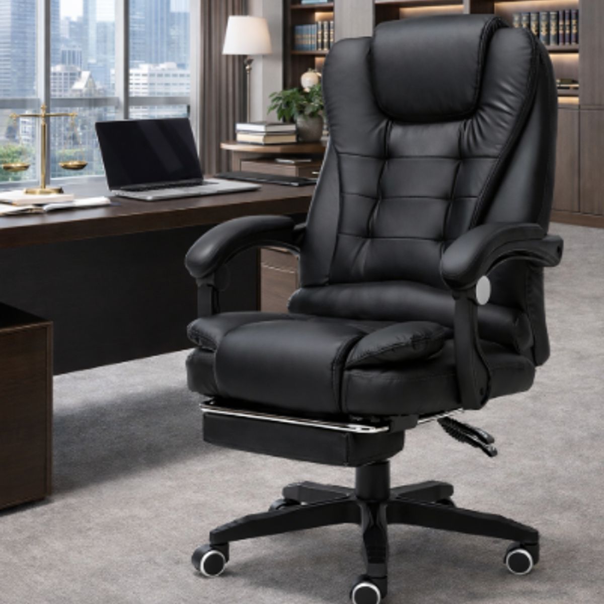 GENERICO - SILLA DE ESCRITORIO 7 MASAJEADOR GIRATORIO OFICINA GERENCIAL ERGONÓMICA RECLINABLE REPOSAPIES NEGRO