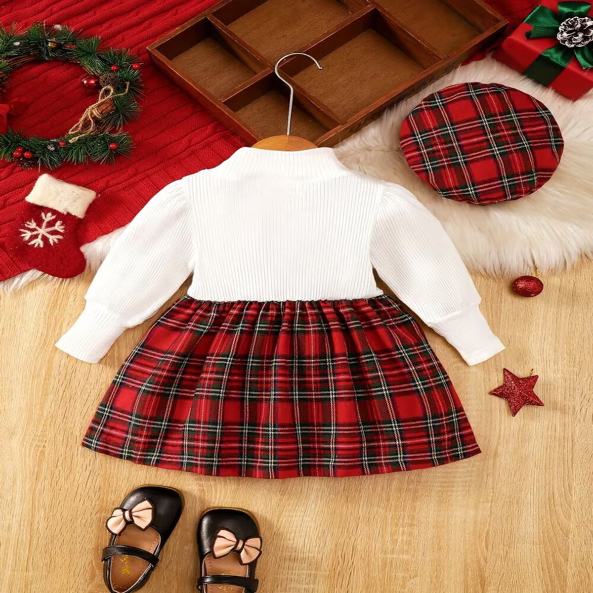 GENERICO - VESTIDO PARA NIÑA BEBE DE NAVIDAD + BOINA